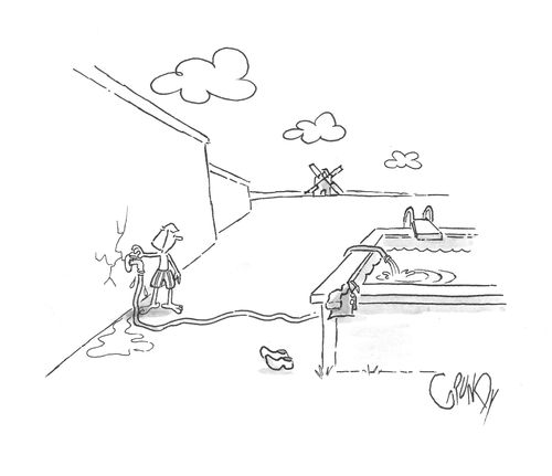 Dutch boy fills pool with water from dike.