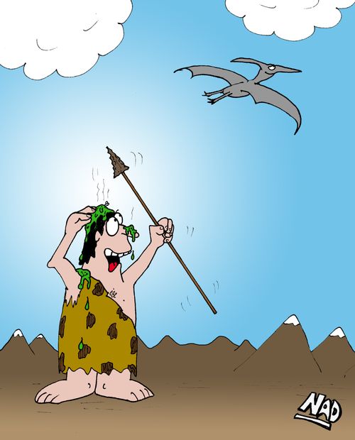 Pterodactyl poos on a cavemans head