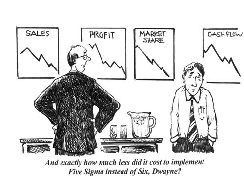 'And exactly how much less did it cost to implement Five Sigma instead of Six, Dwayne?'