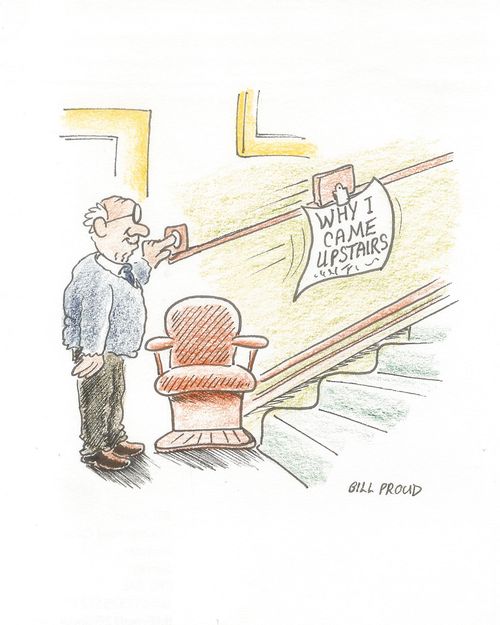 Forgetful pensioner writes himself a note to remind himself why he went upstairs.