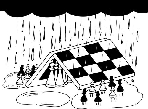 Chess pieces sheltering from a storm under a chess board whilst leaving the pawns out in the rain.