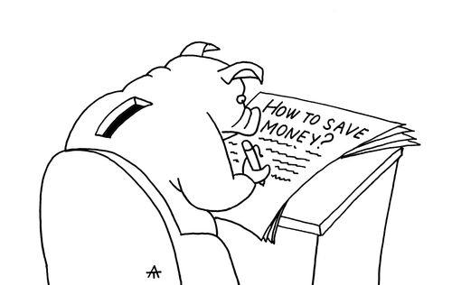 Piggy bank writing an article on 'How to save Money?'