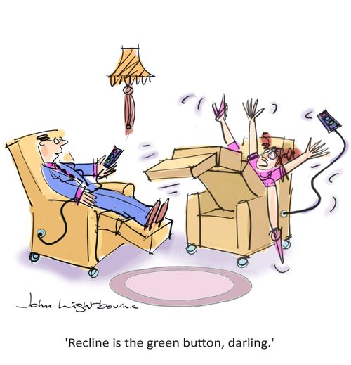 "Recline is the green button, darling."