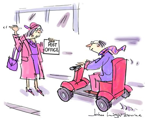 A woman hitchhikes to the post office.