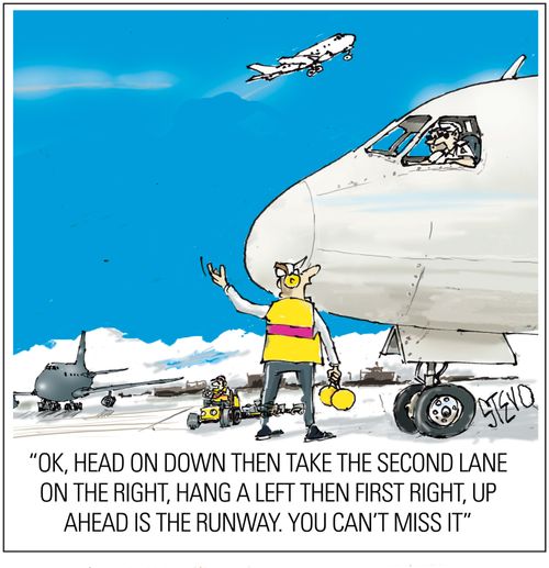 "OK, head on down then take the second lane on the right, hang a left then first right, up ahead is the runway. You can't miss it."