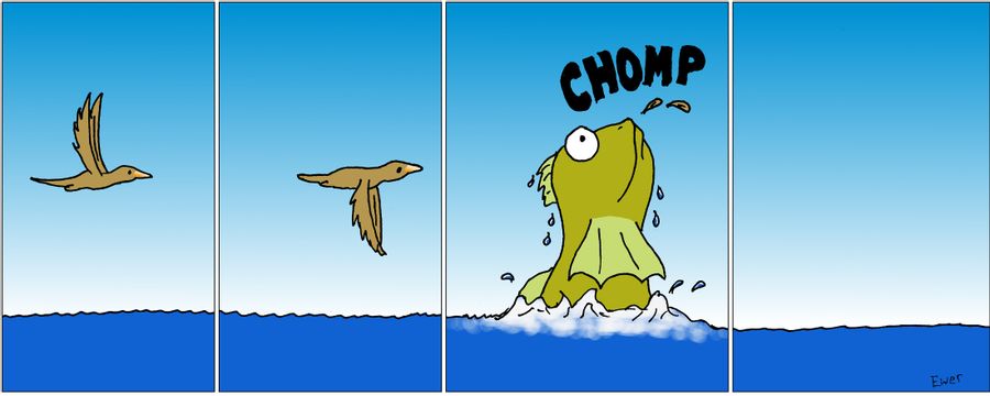 Bird is eaten by giant fish.