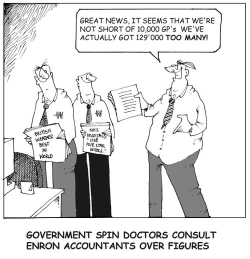 Government spin doctors consult Enron accountants over figures.