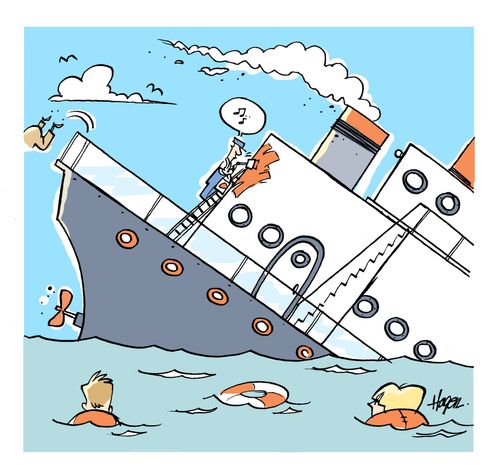 Ship sinking while worker is still painting.