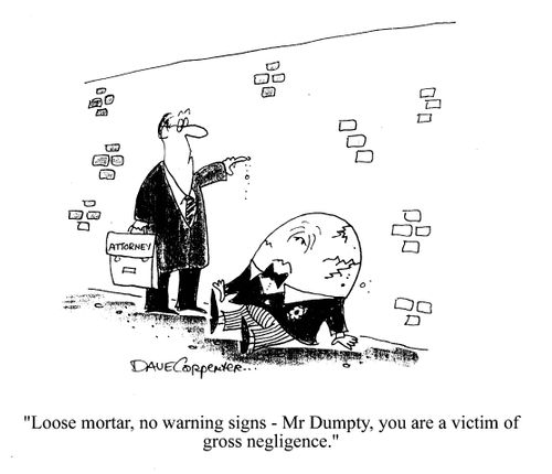 'Loose mortar, no warning signs - Mr Dumpty, you are a victim of gross negligence.'