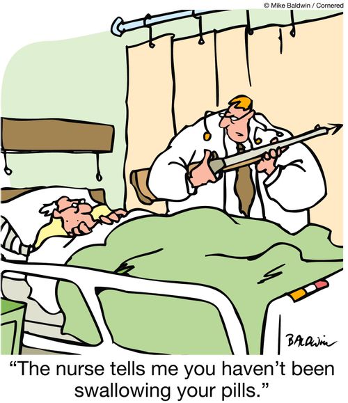 'The nurse tells me you haven't been swallowing your pills.' (Doctor has harpoon).