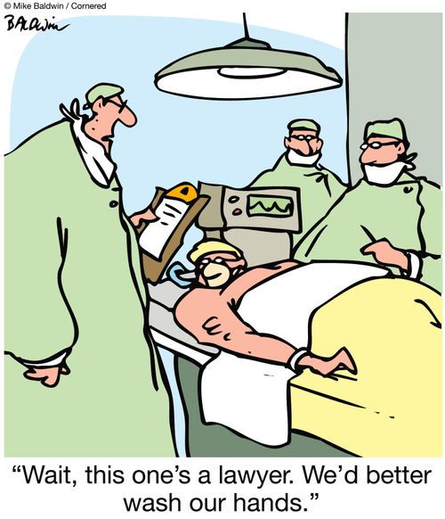 'Wait, this one's a lawyer.  We'd better wash our hands.'