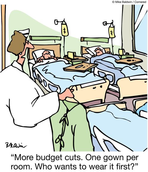 'More budget cuts.  One gown per room.  Who wants to wear it first?'