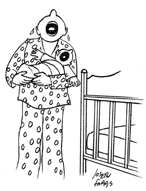 Crying parent holds crying baby.