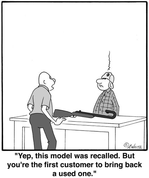 'Yep, this model was recalled. But you're the first customer to bring back a used one.'