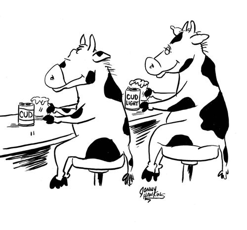 Cow drink 'Cud' next to Cow drinking 'Cud Light'