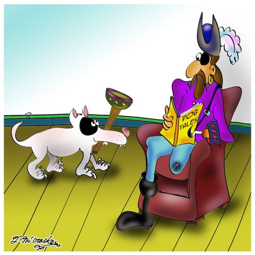 A dog bringing a pirate his peg leg.