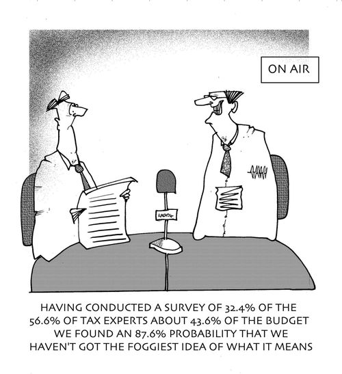 Having conducted a survey of 32.4% of the 56.6% of tax experts about 43% of the budget we found an 87.6% probability that we haven't  got the foggiest ideas of what it means.