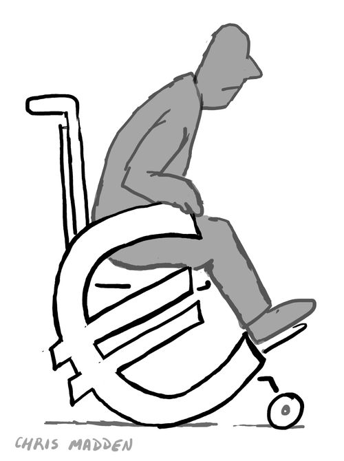 The symbol for the euro (?) depicted as the wheel of a wheelchair, symbolising the state of the currency