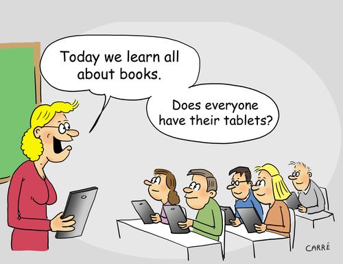 "Today we learn all about books. Does everyone have their tablets?"