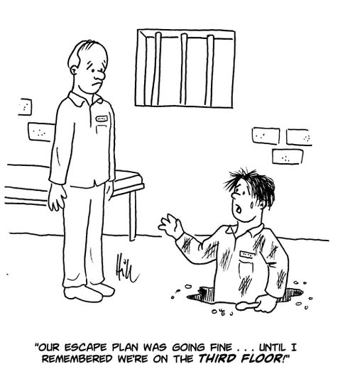 "Our escape plan was going fine... Until I remembered we're on the third floor!"