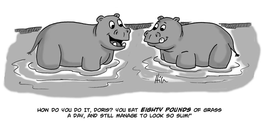 "How do you do it, Doris? You eat eighty pounds of grass a day, and still manage to look so slim!"