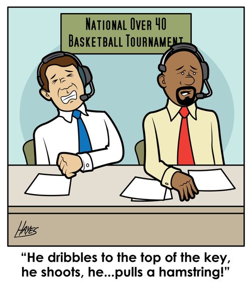 "He dribbles to the top of the key, he shoots, he... pulls a hamstring!"