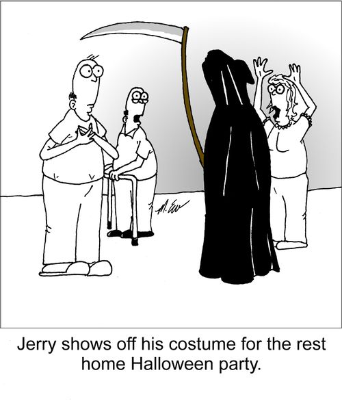 Jerry shows off his costume for the rest home Halloween party.