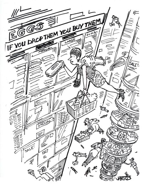 Eggs- if you drop them, you buy them.