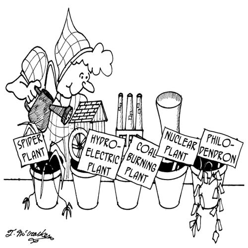 A woman waters her plants which include a spider plant, a tiny hydroelectric plant, a tiny coal burning plant, a tiny nuclear plant, and a philodendron.