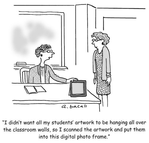 "I didn't want all my students' artwork to be hanging all over the classroom walls, so I scanned the artwork and put them into this digital photo frame."