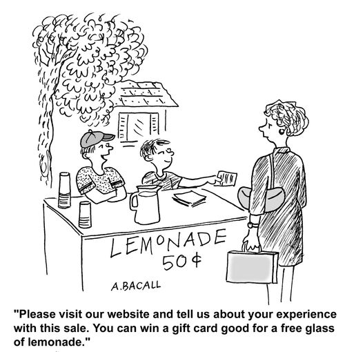 "Please visit our website and tell us about your experience with this sale. You can win a gift card good for a free glass of lemonade."