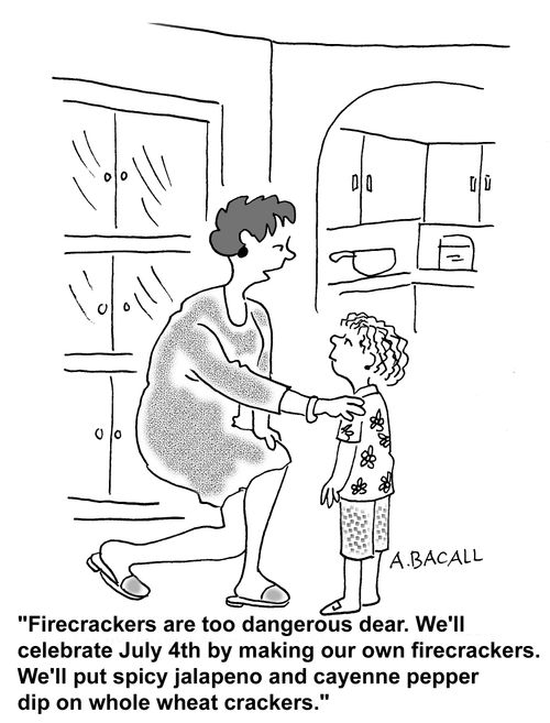 "Firecrackers are too dangerous dear. We'll celebrate July 4th by making our own firecrackers. We'll put spicy jalapeno and cayenne pepper dip on whole wheat crackers."