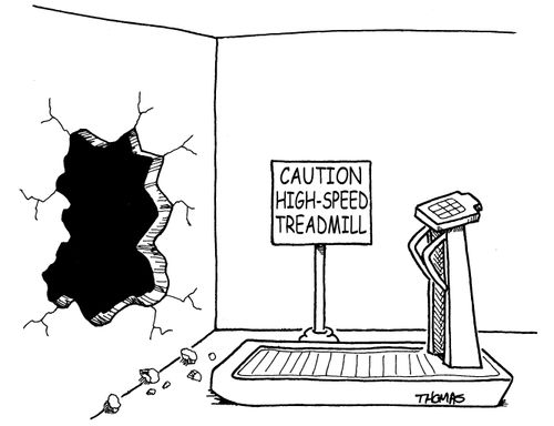 Caution: high speed treadmill, hole in wall behind it