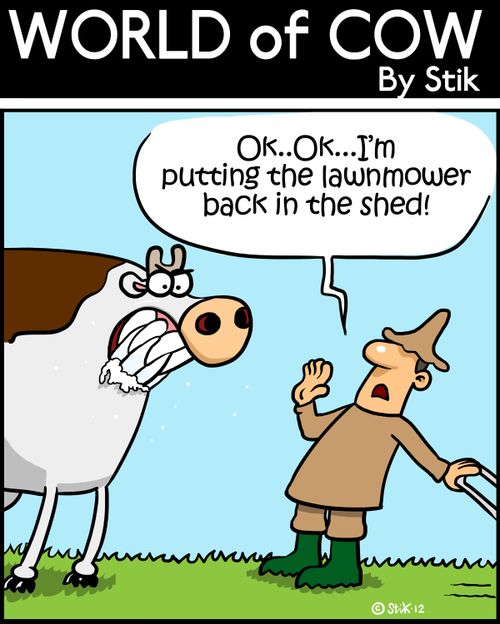'Ok..Ok...I'm putting the lawnmower back in the shed!'