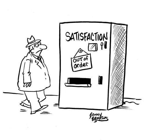 Man sees vending machine for 'Satisfaction' with an 'Out of Order' sign.