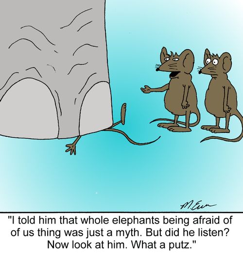 "I told him that whole elephants being afraid of us thing was just a myth. But did he listen? Now look at him. What a putz."