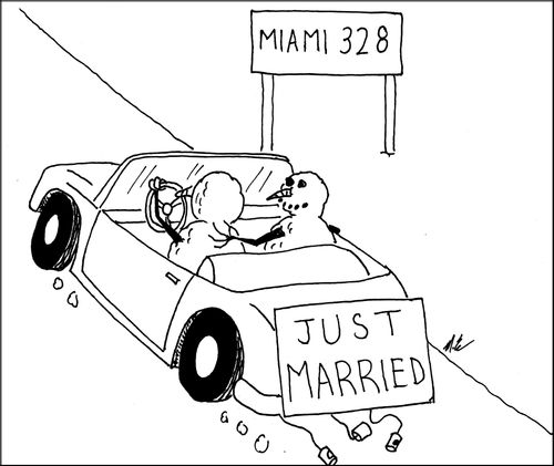 Snowmen go on their honeymoon to Miami.