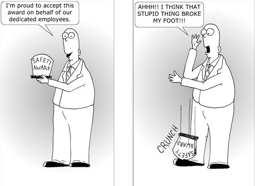 "I'm proud to accept this award on behalf of our dedicated employees. Ahh! I think that stupid thing broke my foot!"