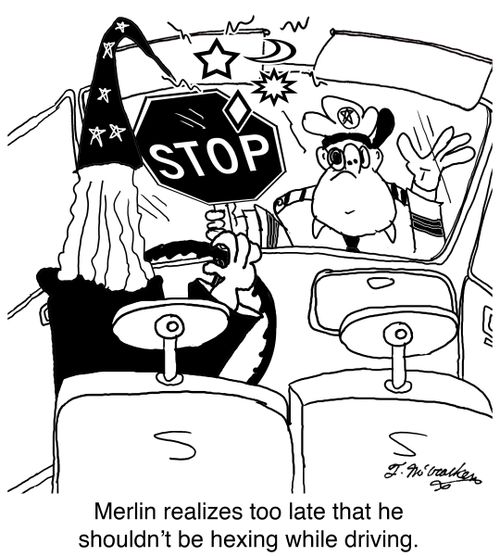 Merlin realizes too late that he shouldn't be hexing while driving.