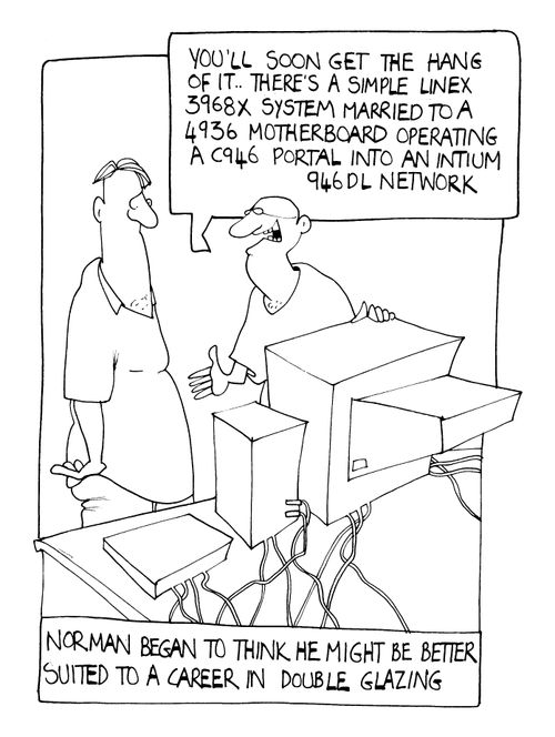 "You'll soon get the hang of the simple Linex 3968X with 4936.." Norman began to think he might be better suited to a career in double glazing."