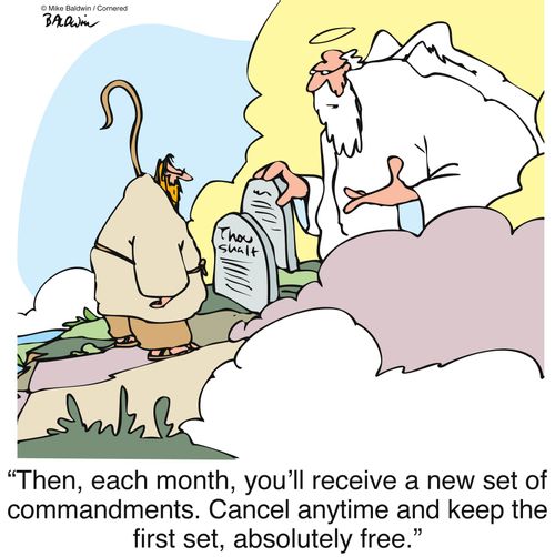 "Then, each month, you'll receive a new set of commandments. Cancel anytime and keep the first set, absolutely free."