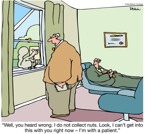 "Well, you heard wrong. I do not collect nuts. Look, I can't get into this with you right now ? I'm with a patient."