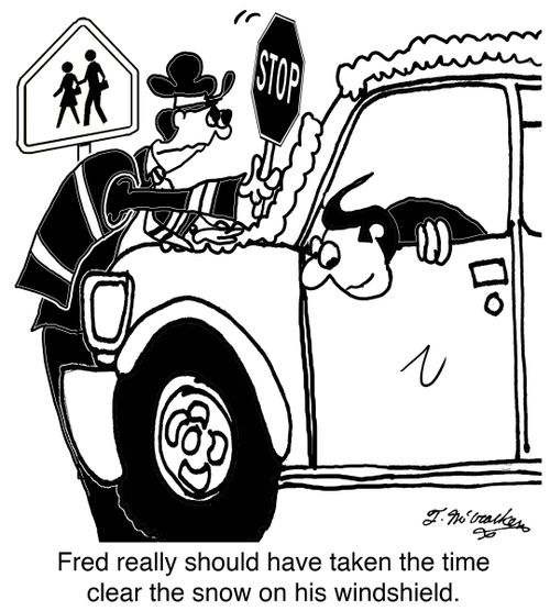 Fred really should have taken the time clear the snow on his windshield.