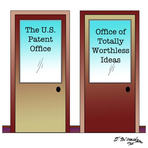 Two doors, 'The U.S. Patent Office ' and 'Office of Totally Worthless Ideas.'