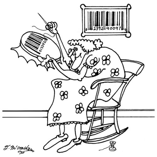 A woman needlepoints a barcode.