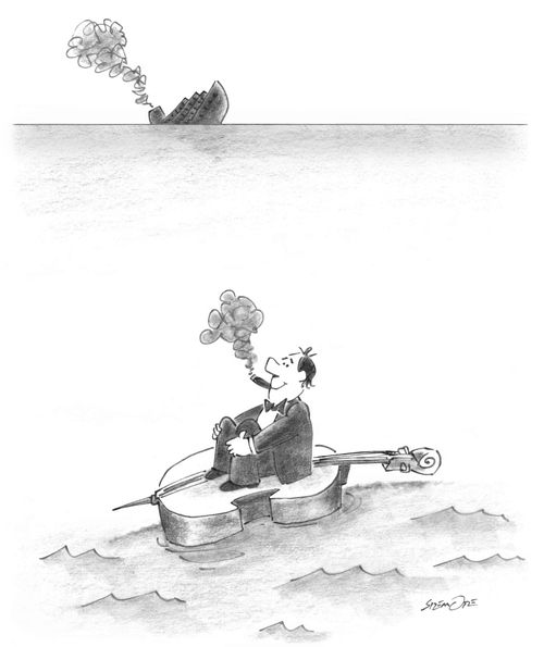 Sinking cruise ship, with band member saved by floating on cello.