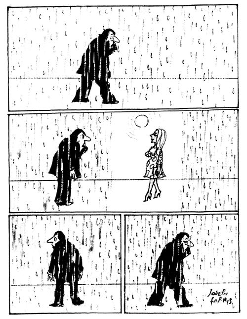 Area around a woman remains dry in a rainstorm.