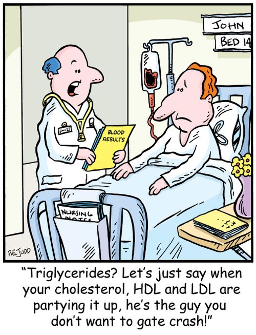 'Triglycerides? Let's just say when your cholesterol,HDL and LDL are partying it up, he's the guy you want to gate crash!'