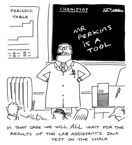 'In that case we will ALL wait for the results of the lab assistant's DNA test on the chalk.'