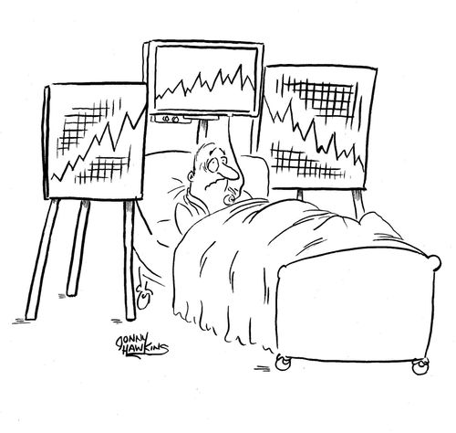 Man in hospital bed has EKG with up and down sales charts next to it